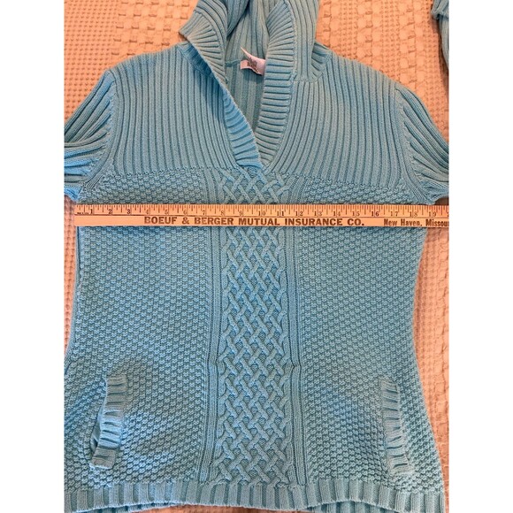 Liz & Co Sweater Size XL Cable & Rib Knit V Neck Collar Pockets Turquoise Blue - Picture 10 of 11